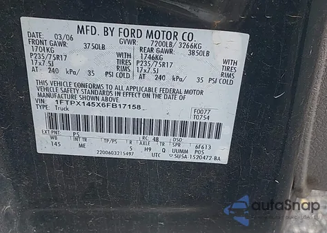 2006 Ford F-150 Fx4/Lariat/Xl/Xlt from USA, damaged, VIN 1FTPX145X6FB17158